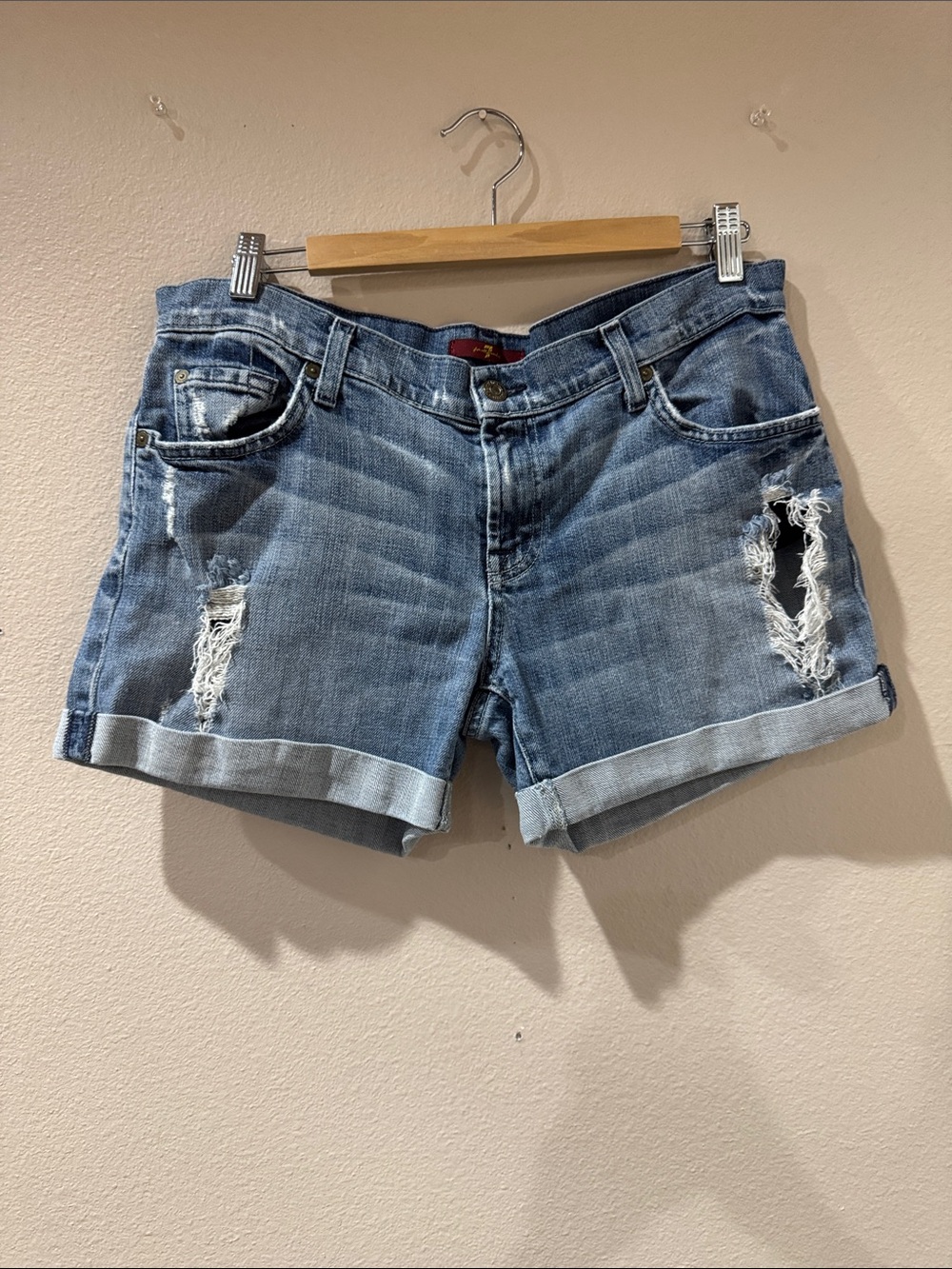 Size 30 7 For All Mankind Blue Denim Distressed Cuffed Jean Shorts Super Cute!